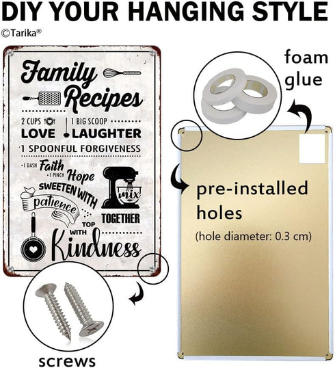 Family Recipes Love Laughter Forgiveness Faith Hope Patience Kindness White Background Metal Sign Home Kitchen Farmhouse Dinig Room Retro Art Wall...