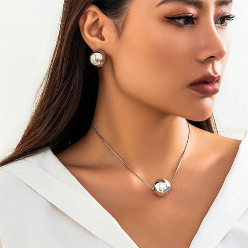 Big Ball Pendant Necklace Earrings Jewelry Set for Women Chunky Ball Stud Earrings Gold Ball Choker Necklace Hypoallergenic...