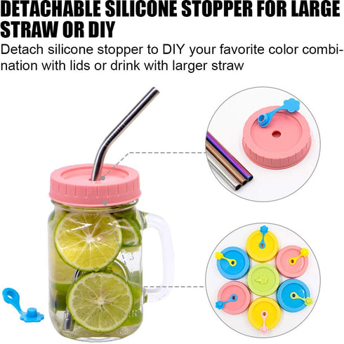 Regular Mouth Mason Jar Lids with Straw Hole/Stoppers/Silicone Rings/Cleaning Brush, Rust-proof, BPA Free Plastic Canning Lids, Great for Drinking...