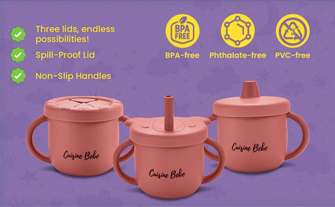 3in1 Silicone Cup with Handles, 3 Lids & Straw | Transition Sippy Cup | Snack Bowl for Babies | Perfect for Meals, Snacks and Walks. Sippy Cup wit...