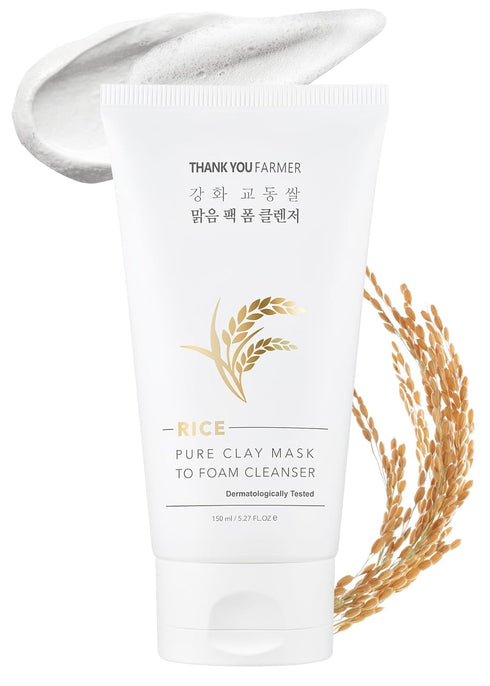 THANKYOU FARMER Rice Pure 2-IN-1 Korean Clay Mask to Foam Cleanser 5.27 fl.oz, Removes Excess Oil, Removing Dead Skin Cells, Soft Skin, Pore Purif...