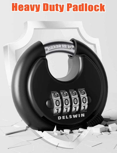 DELSWIN 4 Digit Combination Disc Padlock with Hardened Steel Shackle Combo Lock for Sheds, Storage Unit, School Gym Locker and Fence (Black,1Pcs)...