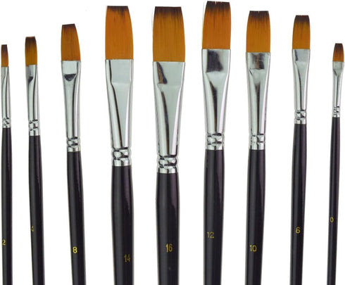 9pcs Flat Pointed Tip Nylon Hair Acrylic Watercolor Brush Artists Paint Brush Set Black...