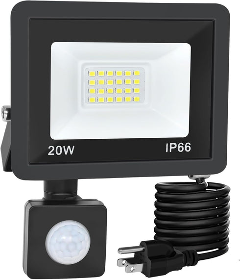 Motion Sensor Flood Light Outdoor, 20W Plug in Motion Sensor Light with 4.9ft Cord, IP66 Waterproof Floodlights with Photocell 6000K Super Bright ...
