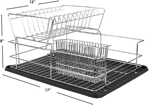 Home Basics Black Kitchen Sink Countertop 2 Tier Dish Rack and Draining Board Cutlery Holder, Fits Large Plates, Dry & Drip Tray, Full Mesh...