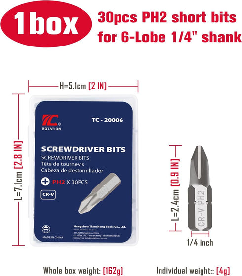 ROTATION 30-Piece Phillips #2 Bit Set PH2, Impact Grade, 1/4-inch Hex Shank, Chrome Vanadium Steel...