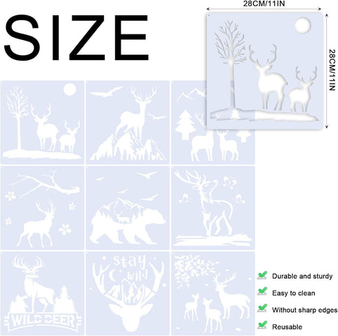 9 Pcs Large Deer Stencils for Painting - Reusable Forest Mountain Tree Deer Head Stencils Painting Templates for Scrapbooking Drawing Wood Wall Ca...