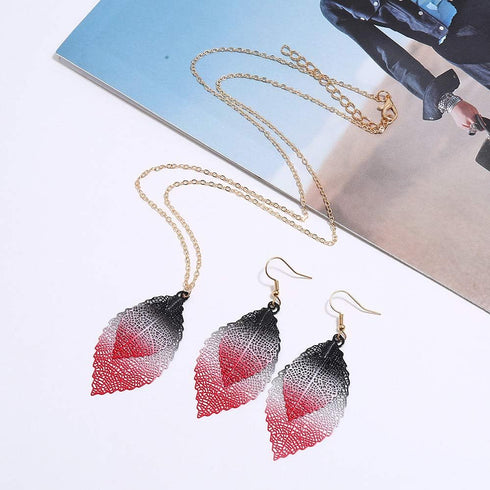 Caiyao Leaf Long Pendant Necklace Dangle Earrings Jewelry Set Delicate Colorful Filigree Long leaves Necklace Unique Bohemian Double Layer Leaf Ch...