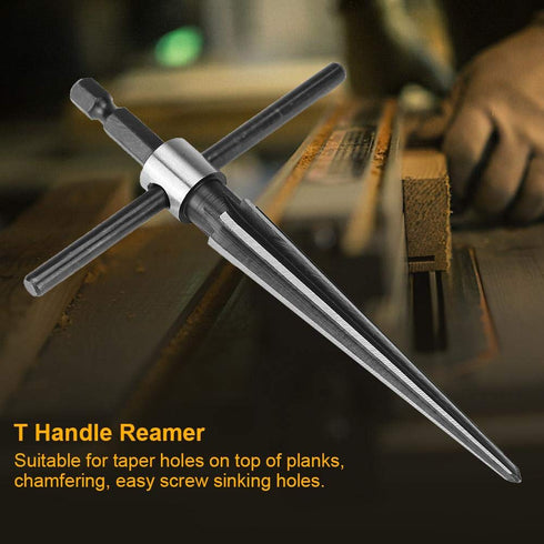 Handheld T Shape Tapered Hex Reamer Bridge Pin Hole Carbon Steel, Handle Drilling Tool for Taper Holes on Top of Planks, Chamfering, Screw Sinking...
