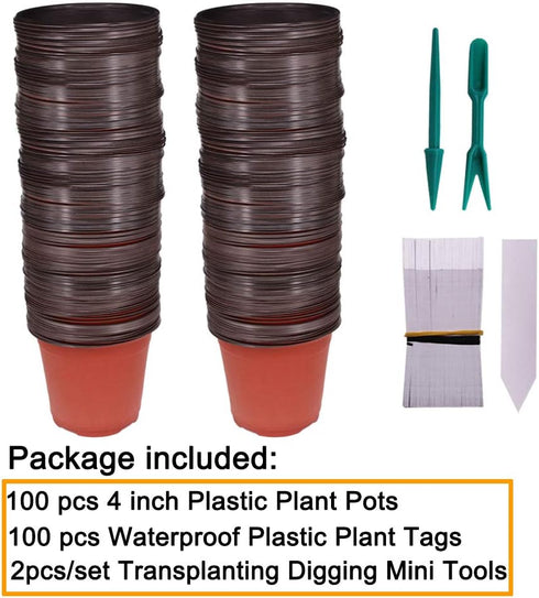100 Pcs 4" Plastic Seedlings Plants Nursery Pots with 100 Pcs Waterproof Plastic Plant Tags and 2Pcs/Set Transplanting Digging Mini Tools...