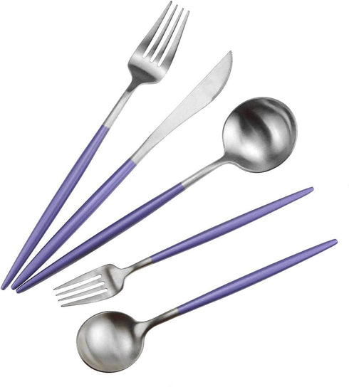 Gugrida Luxury Flatware, Royal 5 Piece Matte Purple Handle 18/10 Stainless Steel Tableware Sets for 1 Including Forks Spoons Knives, Camping Silve...