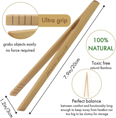 Bamboo Toaster Tongs - Set of 2 Reusable Heat Resistant Wooden Toast Tongs - 8 Inches Long Natural Toaster Tong Bamboo - Useful Kitchen Utensil fo...
