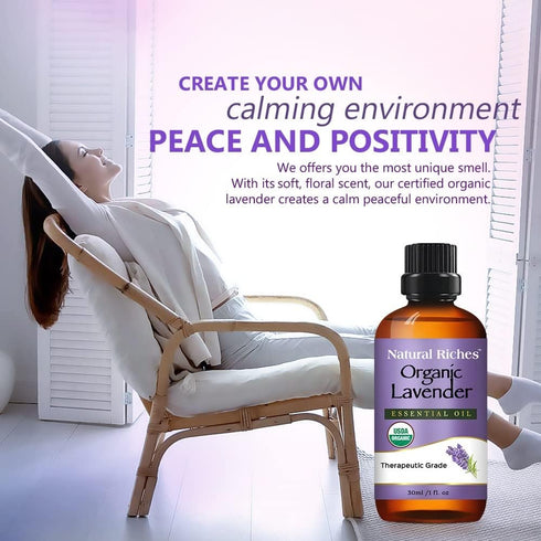 Natural Riches Organic Lavender Essential Oil with Premium Therapeutic Quality Pure USDA Certified - for Diffuser, Aromatherapy, Sleep, Meditation...