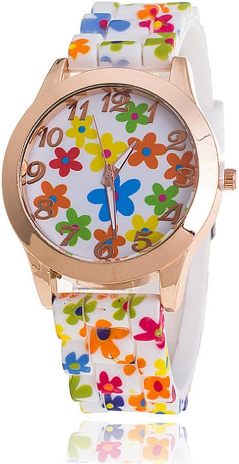 CdyBox Women Ladies Girls Floral Dial Silicone Band Analog Watches Rose Gold Tone Numbers (5 Pack)...