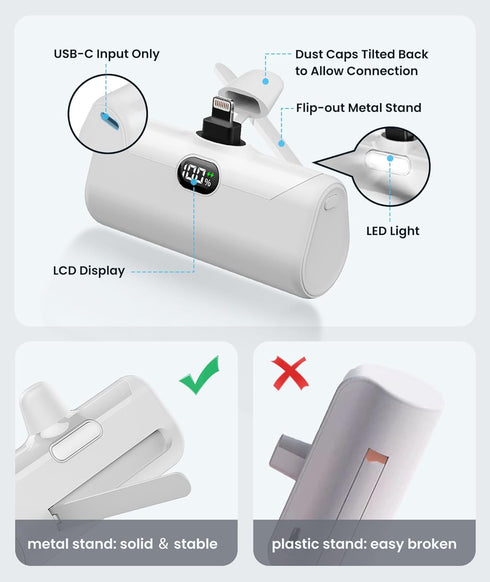 White Small Battery Charger for iPhone, Mini Portable Charger with Builtin Metal Stand, 5000mAh Ultra-Compact Power Bank?100%-0%? Digital Display ...