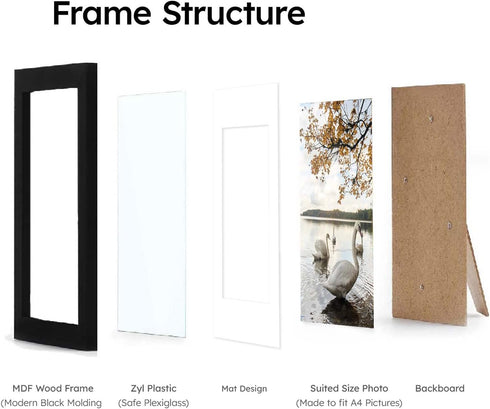 A4 Frame Black - Display 6x8 Picture Frame With Mat or 8.27x11.69 Inch Without Mat Poster Frame, Certificate Document Frame, for Wall Art...