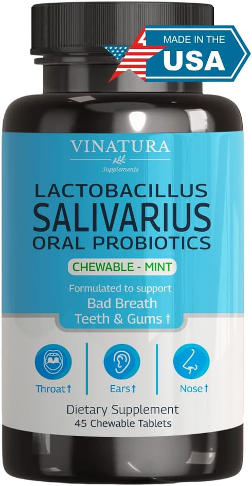 Lactobacillus Salivarius Oral Probiotics - for mouth bad breath, Dental probiotics for Teeth and Gums, Throat, Ear, Nose - 45 Chewable Mint tablet...