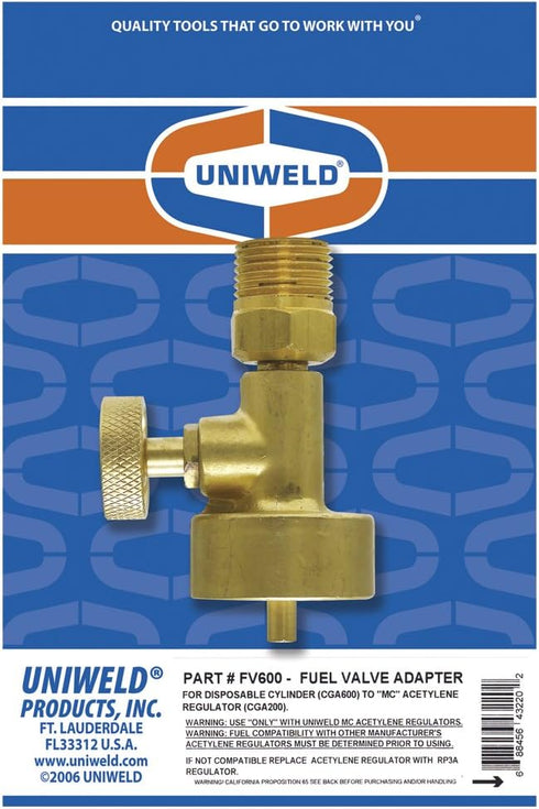 Uniweld FV600 Oxy/Fuel Adapter to Connect an MC Regulator (CGA200) to a Disposable Fuel Cylinder (CGA600)...