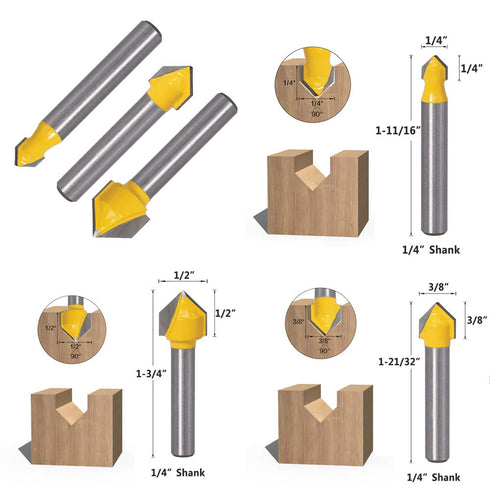 Yakamoz 6Pcs 1/4" Shank Carbide 90 Degree V-Groove and Round Nose Groove Router Bit Set 3D CNC Signmaking Lettering Engraving Cutter Woodworking C...