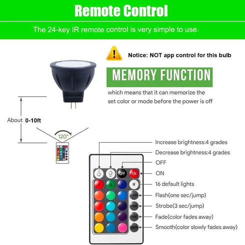 RGB MR11 LED Bulbs Color Changing, GU4 Bi-pin Base, Warm White+15 Multicolors and 4-Level Brightness on Remote Control, 12V MR11 Halogen Bulb Repl...