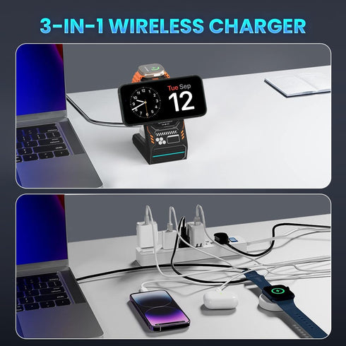3 in 1 Wireless Charging Station for MagSafe:JoyGeek Magnetic Charge Stand for iPhone Apple 15 14 13 12 Pro/Pro Max/Plus/Mini- Fast Wireless Charg...