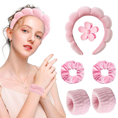 RICHTOP Spa Headband and Wristband Set, 6 Pack Skincare Headband Face Wash Headband, Skin Care Headband Set with Hair Clip Pink Headband for Washi...