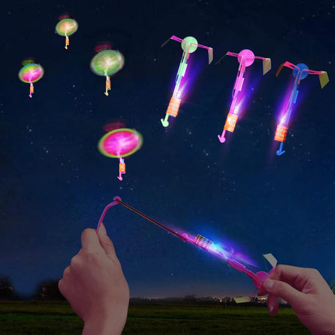 25 Sets LED Flying Set, 25 Slingshot+25 Glow Helicopter-50 Pcs, Flying Toy Outdoor Toys Glow in The Dark Party Supplies Party Favors for Kids 8-12...