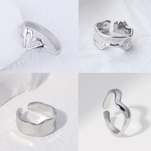 6 Pack Silver Midi Rings Stainless Steel Stackable Rings for Women Open Knuckle Rings Set Wide Irregular Finger Rings for Teen Girls Hug Geometric...