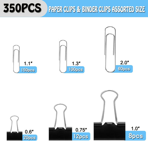 Paper Clips Binder Clips, Viemior 350pcs Paper Clips Binder Clips Assorted Sizes, Including Large Medium Small Paper Clips + Medium Small Mini Bin...