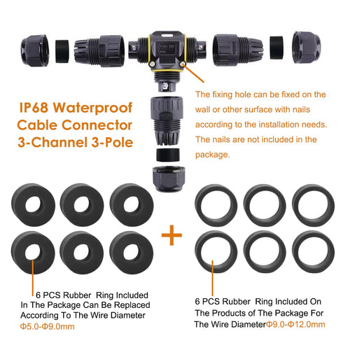 IP68 Waterproof Cable Connector 3-Channel 3-Poles, Outdoor Waterprrof Junction Box Connector,Ideal for 2 or 3 Pin Cables Ø4-12mm,Use for Outdoor B...
