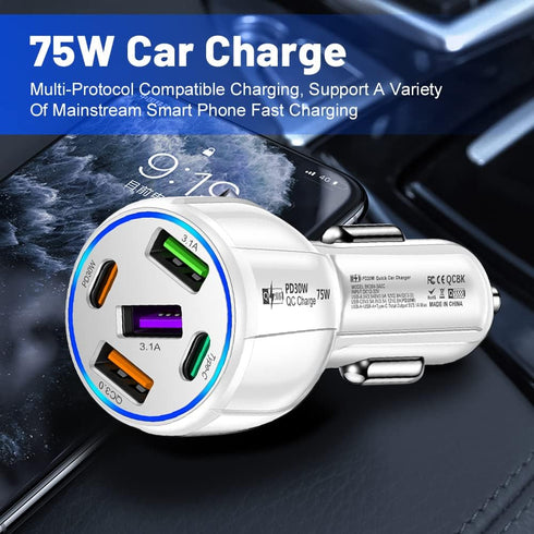 5-Port USB Car Charger,75W Type C Car Charger Fast Charge, Car Accessories Cigarette Lighter USB Charger Compatible with iPhone 14/13/12/Mini/Pro/...