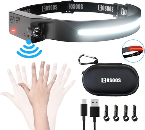 COSOOS LED Headlamp Rechargeable Flashlight with Red Light & Carry Case, 1000Lumen Bright Headlamp Wide Beam & Spot Light,Sensor Mode,2.4oz Lightw...