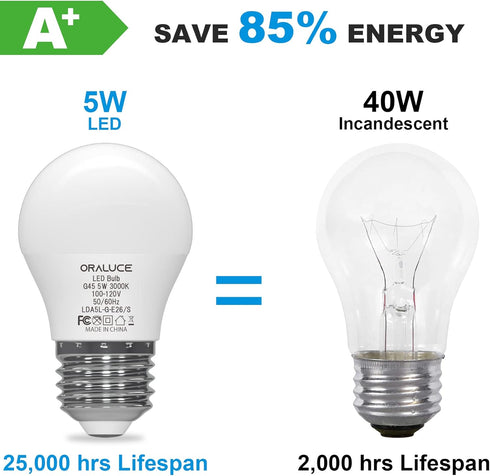 ORALUCE A15 LED Bulb 5 Watts Warm White 3000K,40W Equivalent Table Lamp Bulb, E26 Standard Screw Base G45 Shape Small Light Bulbs for House lighti...