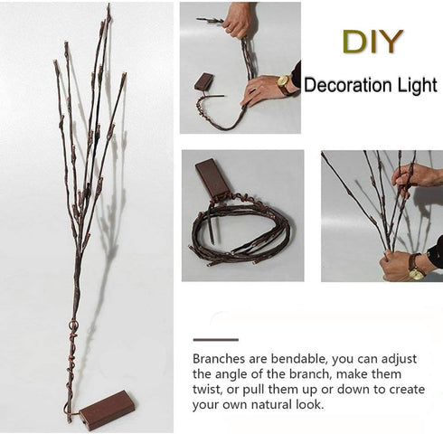 DK177 2 Pack Led Branch Light Battery Operated Lighted Branch Vase Filler Willow Tree Artificial Little Twig Power Brown 30 Inch 20 LED for Home R...