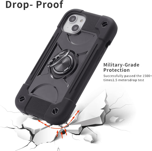 for iPhone 14 Plus Case 6.7 Inch with Ring Stand, with 2 Pack Glass Screen Protector + 1 Pack Camera Lens Protector,Heavy-Duty Shockproof Military...