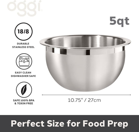 Oggi 3-Quart Two-Tone Stainless Steel Mixing Bowl, Great for Mixing, Making Dough, Dressing Salads, Mixing Eggs, Washing Vegetables...