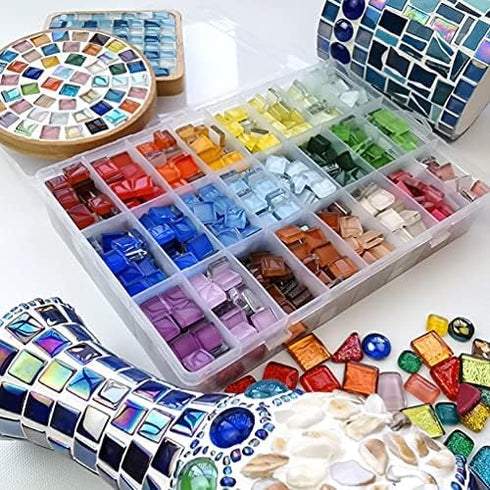 200 Pcs Mosaic Tiles for Crafts Iridescent Crystal Mosaic Glass Tile Focal20 Square Mosaic Tiles Pieces Kits for Adults DIY Picture Frames Handmad...