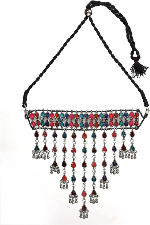 Indian Antique Silver Oxidized Fashion Bollywood Ethnic Mirror Boho Gypsy Banjara Tribal Statement Choker Thread Necklace Jewelry...