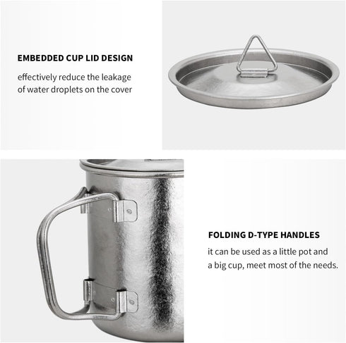TiTo Titanium Cup Titanium Pot with Lid Ultralight Portable 300ml Foldable Handle Camping Tea Coffee Water Mug for Outdoor Backpacking Hiking Picn...