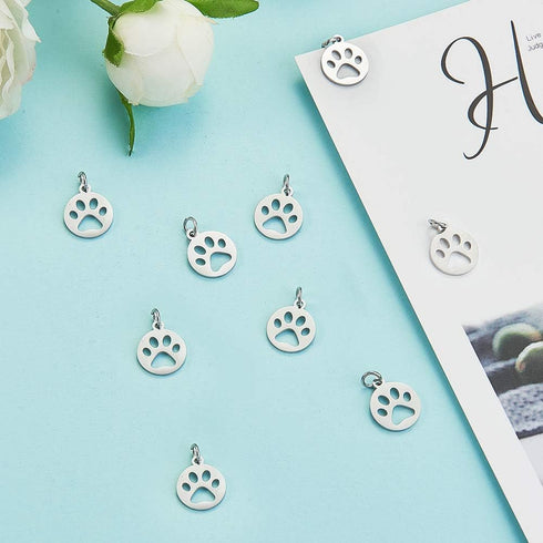 DanLingJewelry 10 pcs 304 Stainless Steel Dog Paw Print Charm Doggy Bear Cat Animal Footprint Pendant for Jewelry Makings 14x12mm...