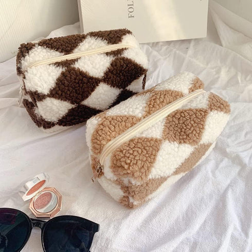 3pcs Checkered Plush Makeup Bag Terry Cloth Cosmetic Bag Zipper Travel Toiletry Bag Organizer Soft Pencil Pouch Case Makeup Brushes Storage Bag fo...