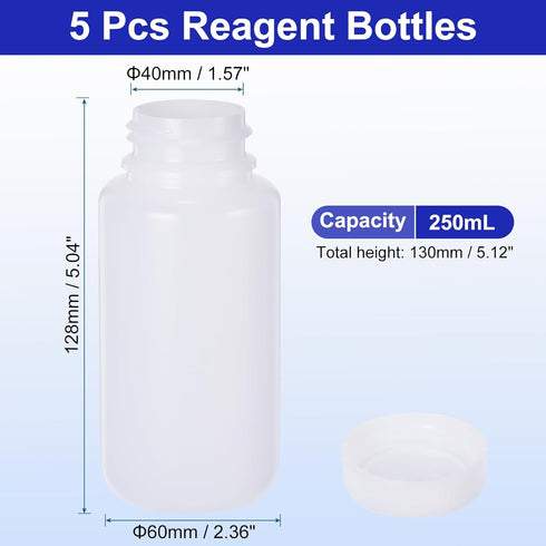 PATIKIL 5 Pcs 250ml Reagent Bottles, PE Wide Mouth Round Graduated Bottles with Screw Cap for Lab Water Reagent Liquids Solid Sample Storage Seal,...