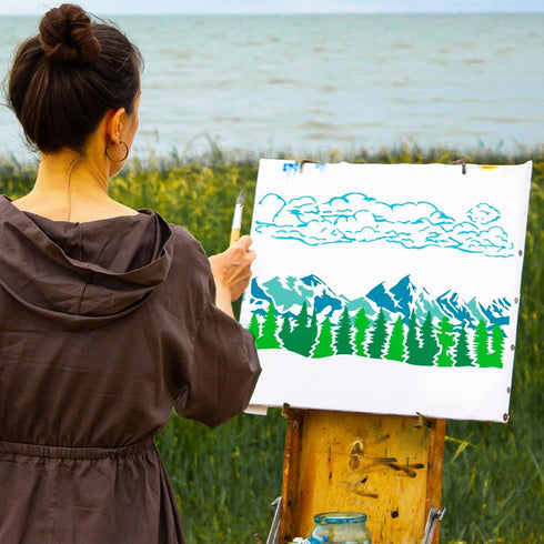 FINGERINSPIRE Natural Scenery Border Painting Stencil 11.8x11.8inch Reusable Grass Pine Trees Mountains Clouds Pattern Drawing Template Decor Sten...