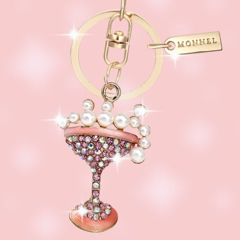 Bling Crystal Cocktail Drink Design Keychain with Velvet Bag MZ839-1 Golden...