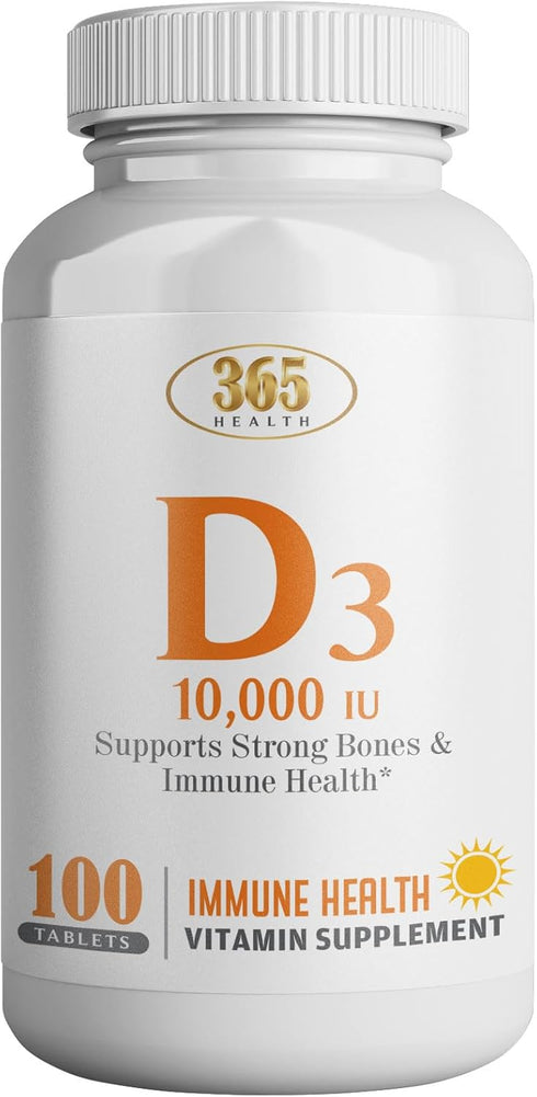 365 Health Vitamin D 250mcg, D3 Cholecalciferol for Immune Support and Promotes Healthy Bones, D3 10000IU Tablets, White-Color, 10,000 IU, 100 Cou...