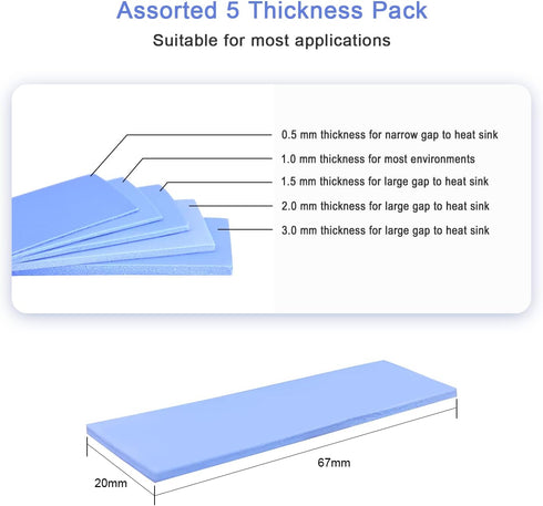 30 Pack Thermal Pads, 20×67 mm by 5 Thickness 0.5 | 1 | 1.5 | 2 | 3 mm, Thermal Conductivity 2.0 W/m.k, Self-Adhesive & Soft, Ideal for Repairing ...