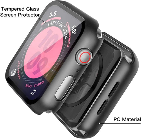 Black Hard Case Compatible with Apple Watch SE Series 6 Series 5 Series 4 44mm with Screen Protector, iwatch Ultra Thin HD Tempered Glass Screen P...