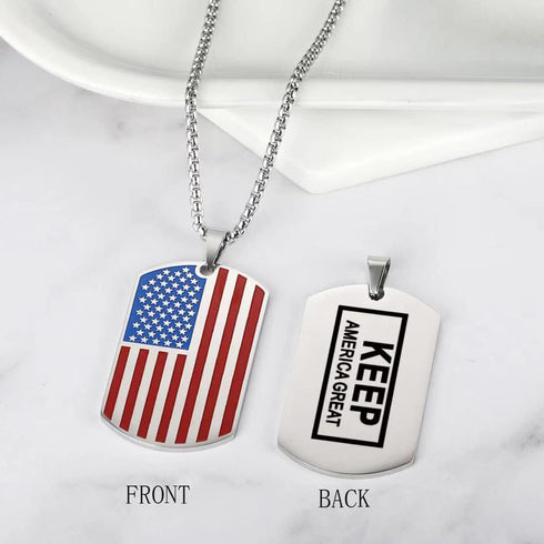 Rehoboth American USA Flag Dog Tag Pendant Necklace for Women Men 24" Chain Keep American Great on The Back...