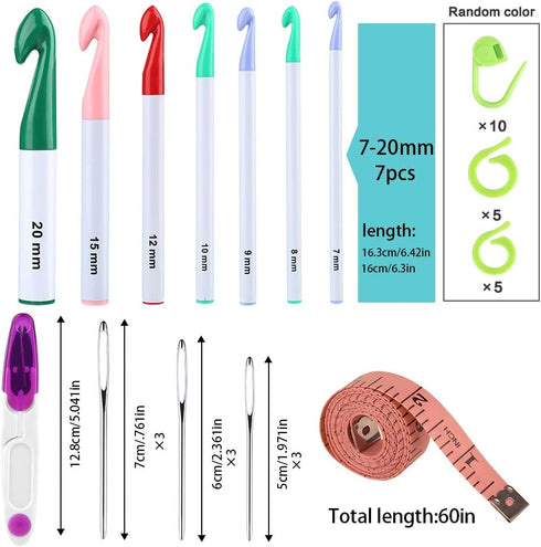 7 Sizes Crochet Hooks Set (7mm-20mm) with 9 Pcs Large-Eye Blunt Needles, Huge Plastic Crochet Hook Crochet, Adjustable Knitting Loop, Extra Large ...