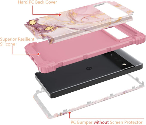 for Pixel 6 Pro Case,Google Pixel 6 Pro Case, Marble Rose Gold Women 3 in 1 Hard PC Soft Silicone Protective Rugged Bumper Heavy Duty Hybrid Shock...